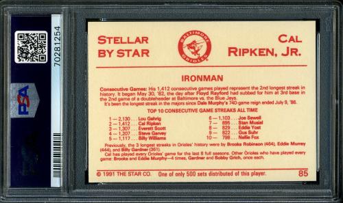 1991 Star Stellar Edition #85 Cal Ripken Jr. PSA 10 #70281254 - Back