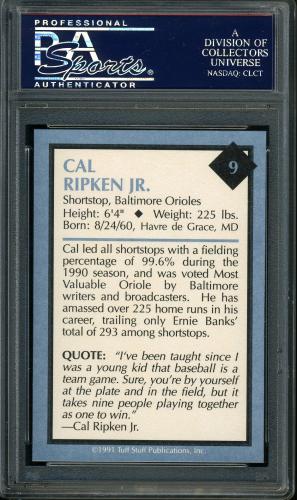 1991 Tuff Stuff Jr. #09 Cal Ripken, Jr. PSA 9 #23477968 - Back