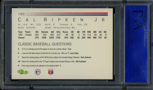 1992 Classic Game #190 Cal Ripken PSA 10 #11788849 - Back