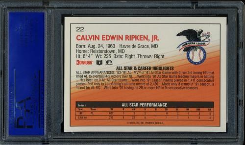 1992 Donruss #22 Cal Ripken AS [No period after INC] PSA 10 #11786521 - Back