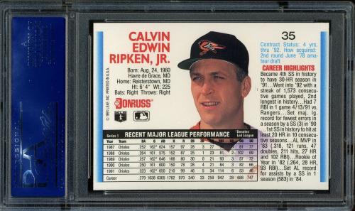 1992 Donruss #35 Cal Ripken [No period after INC] PSA 10 #15505108 - Back