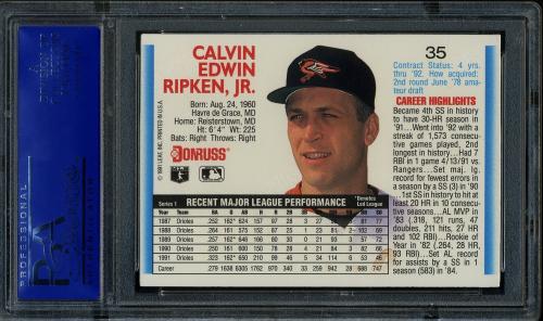 1992 Donruss #35 Cal Ripken [Period after INC] PSA 10 #81285363 - Back