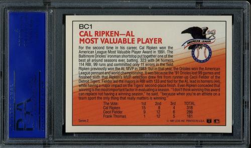 1992 Donruss Bonus Cards #BC1 Cal Ripken MVP [No period after INC] PSA 10 #11788854 - Back