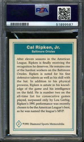 1992 Diamond Sports Memorabilia #02 Cal Ripken, Jr. PSA 8 #51899587 - Back