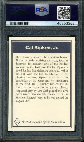 1992 Diamond Sports Memorabilia #23 Cal Ripken, Jr. PSA 9 #45353263 - Back