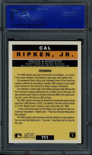 1992 Fleer #711 Cal Ripken PV PSA 10 #11786523 - Back
