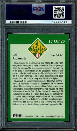 1992 Fleer Team Leaders - Mis-Aligned Foil #17 Cal Ripken PSA 9 #59778673 - Back