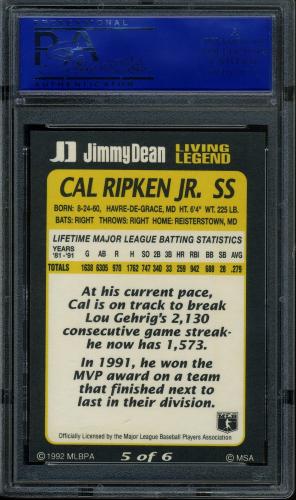 1992 Jimmy Dean Living Legends #5 Cal Ripken PSA 10 #11788858 - Back