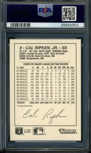 1992 Kenner Starting Lineup Cards - Black Back #28 Cal Ripken PSA 10 #25642053 - Back