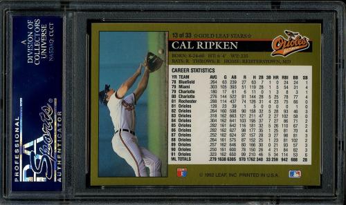 1992 Leaf Gold Previews #13 Cal Ripken [No period after INC] PSA 10 #22637275 - Back