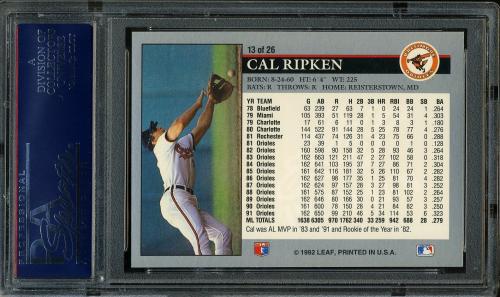 1992 Leaf Previews #13 Cal Ripken PSA 10 #21026762 - Back