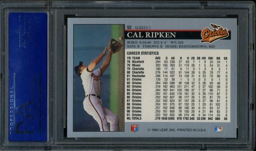 1992 Leaf #052 Cal Ripken [Period after INC] PSA 10 #31646957 - Back