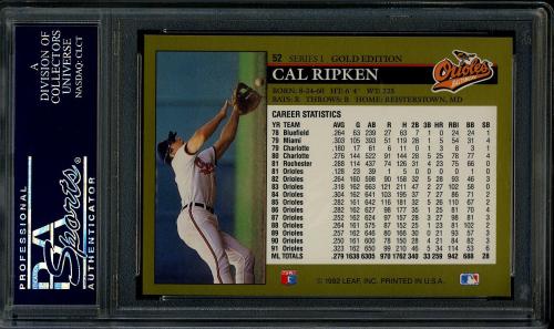 1992 Leaf Black Gold #052 Cal Ripken PSA 10 #23238747 - Back