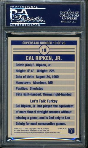 1992 Mr. Turkey Superstars #19 Cal Ripken PSA 10 #24093400 - Back