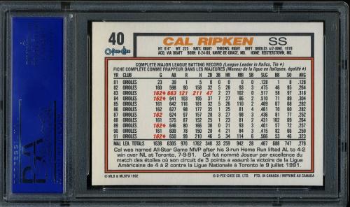1992 O-Pee-Chee #040 Cal Ripken-Lou Gehrig PSA 10 #11788864 - Back