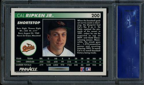 1992 Pinnacle #200 Cal Ripken PSA 10 #81697370 - Back