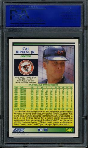 1992 Score #540 Cal Ripken PSA 10 #11788870 - Back