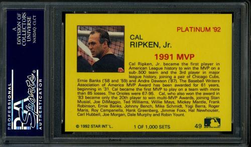 1992 Star Platinum Edition #49 Cal Ripken Jr. - Back