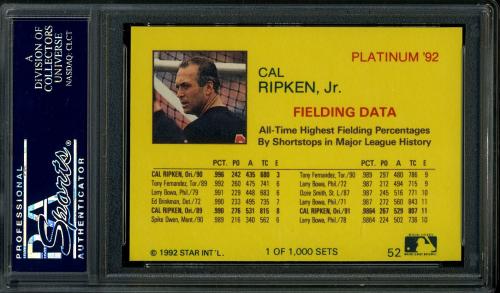 1992 Star Platinum Edition #52 Cal Ripken Jr. PSA 10 #23935837 - Back