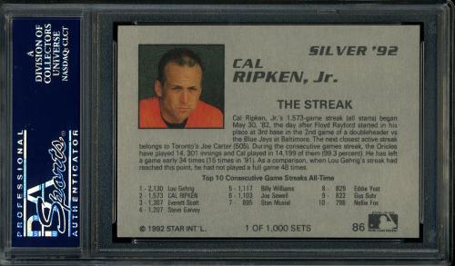 1992 Star Silver Edition #86 Cal Ripken Jr. PSA 10 #22374222 - Back