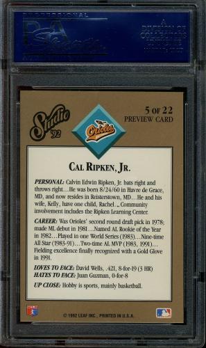 1992 Studio Previews #5 Cal Ripken PSA 9 #21994708 - Back