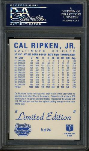 1992 Sunflower Seeds #9 Cal Ripken PSA 10 #23283535 - Back