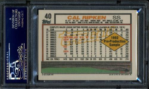 1992 Topps Gold Pre-Production Sheet #040 Cal Ripken/Gehrig PSA 10 #11788884 - Back