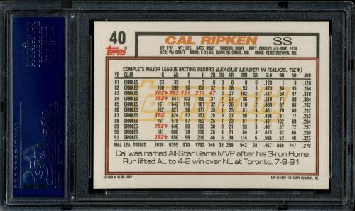 1992 Topps Gold Winners #040 Cal Ripken/Gehrig [A* print designation] PSA 10 #17625702 - Back