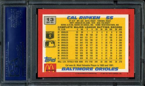 1992 Topps McDonald's #13 Cal Ripken [* print designation] PSA 10 #18484113 - Back