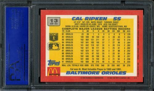 1992 Topps McDonald's #13 Cal Ripken [** print designation] PSA 9 #31631345 - Back