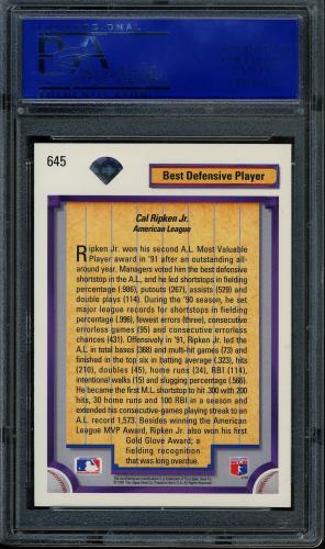 1992 Upper Deck #645 Cal Ripken DS PSA 10 #11786528 - Back