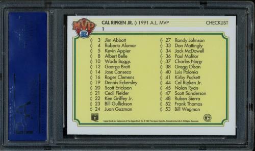 1992 Upper Deck Team MVP Holograms #01 Cal Ripken MVP-AL Checklist PSA 10 #81680547 - Back