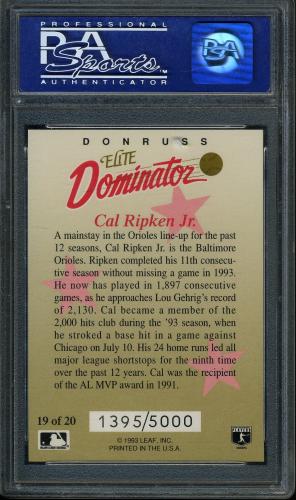 1993 Donruss Elite Dominators #19 Cal Ripken PSA 10 #08001250 - Back