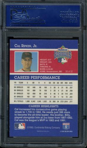 1993 Hostess #26 Cal Ripken PSA 10 #14641917 - Back