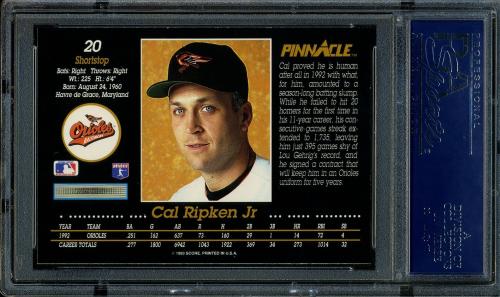 1993 Pinnacle #020 Cal Ripken PSA 10 #19398827 - Back