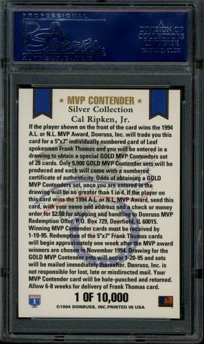 1994 Leaf MVP Contenders #A11 Cal Ripken Jr. PSA 10 #16716380 - Back