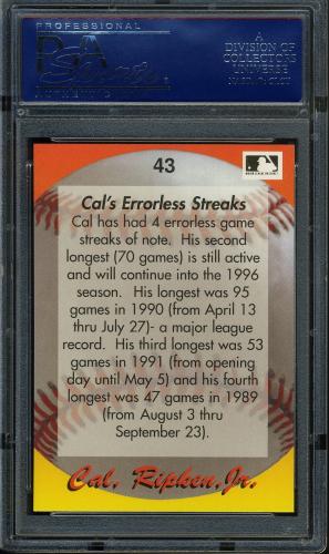 1995 Star Ripken 080 #043 Cal Ripken-Cal's Errorless Streaks PSA 10 #17250970 - Back