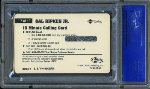 1996 Assets Phone Cards $10 #07 Cal Ripken PSA 10 #11786184 - Back