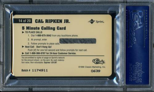 1996 Assets Phone Cards $5 #14 Cal Ripken PSA 10 #16861490 - Back