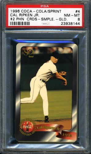 1996 Coca-Cola Cal Ripken $2 Phone Cards Gold - Sample #4 Cal Ripken Jr. (throwing) $2 phone PSA 8 #23938144