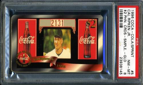 1996 Coca-Cola Cal Ripken $2 Phone Cards Gold - Sample #5 Cal Ripken Jr. (2131) $2 phone PSA 8 #23938145
