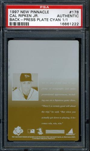 1997 New Pinnacle Press Plates #178 Cal Ripken EMW (Back - Cyan (Blue)) PSA Authentic #16861222