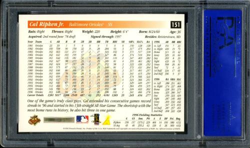 1997 Score Premium Stock #151 Cal Ripken PSA 10 #11786380 - Back