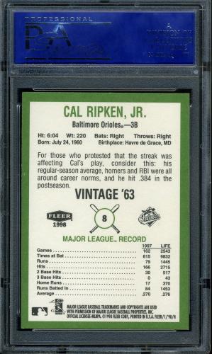 1998 Fleer Tradition Vintage '63 #8 Cal Ripken PSA 10 #31505691 - Back