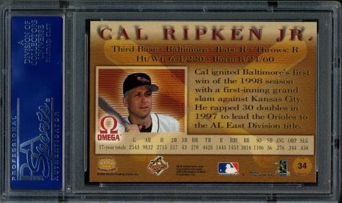 1998 Pacific Omega #34 Cal Ripken PSA 10 #16156398 - Back