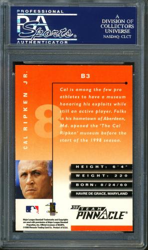 1998 Team Pinnacle Baseball #B3 Cal Ripken Jr. PSA 8 #23938189 - Back