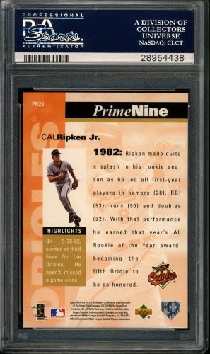 1998 Upper Deck Prime Nine #PN29 Cal Ripken-1982 PSA 10 #28954438 - Back