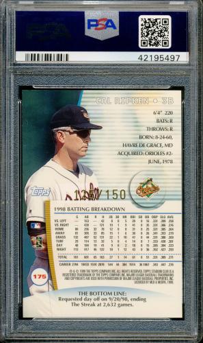 1999 Stadium Club One of a Kind #175 Cal Ripken PSA 10 #42195497 - Back