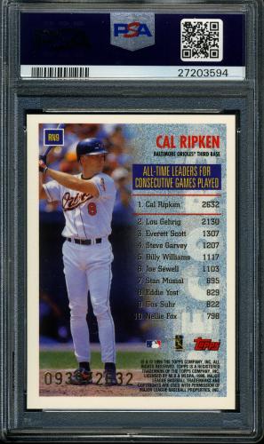 1999 Topps Record Numbers Gold #RN9 Cal Ripken/2632 PSA 9 #27203594 - Back