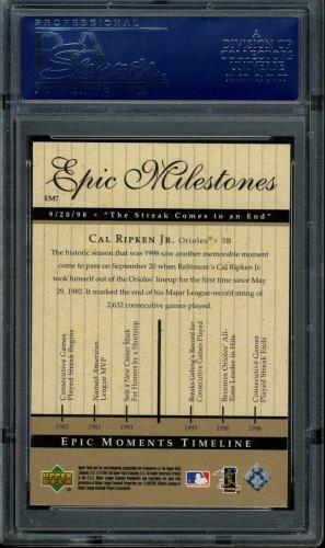 1999 Upper Deck Century Legends Epic Milestones #EM7 Cal Ripken PSA 10 #17820588 - Back